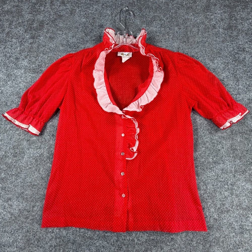 Rhoda Lee Blouse Top Women Small Red Polka Dot Ruffle Neck Button Front Cocktail